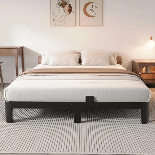 Miniatura 5 de Base de cama baja de 4 pulgadas, tamaño Queen, marco de cama Queen de perfil bajo, no necesita somier, con topes de colchón, cabecera de bricolaje