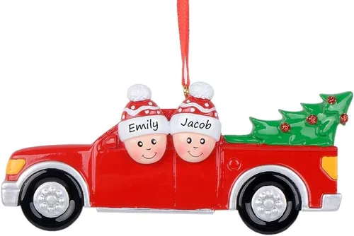 Miniatura 9 de Adorno de Navidad familiar personalizado 2024 Familia de 2 personas que llevan árbol de Navidad para el hogar, camión rojo, hecho a mano, regalo