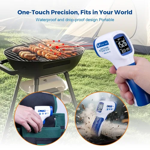Miniatura 8 de Ring Laser DS20: 1 termómetro infrarrojo pistola de temperatura con carne, pistola térmica con emisividad ajustable y alarma alta/baja, ± 1% de Azul