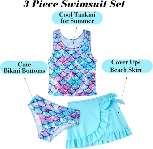 Miniatura 10 de Traje de baño tankini de 3 piezas para niñas, lindo bikini con salida de baño con falda de playa de 5 a 16 años