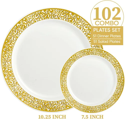 Miniatura 7 de FOCUSLINE Juego de 102 platos de plástico dorados desechables con encaje dorado, 51 platos llanos de 10.25 pulgadas y 51 platos de ensalada