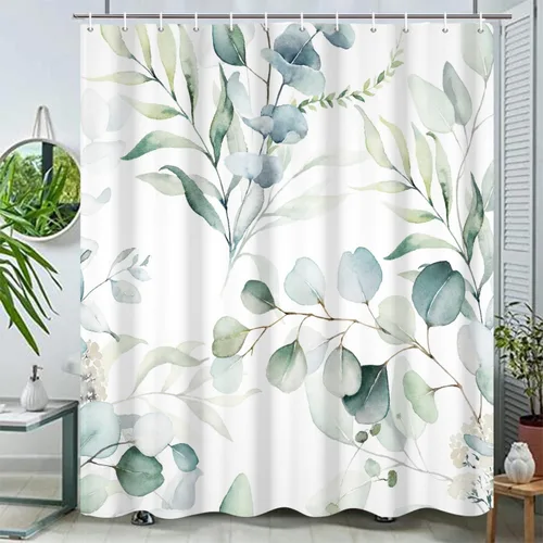 Miniatura 29 de Cortinas de ducha botánicas verdes de 36 x 72 pulgadas, hojas de eucalipto naturales de primavera para minimalismo moderno, decoración de baño, tela