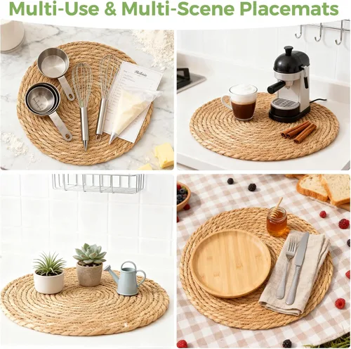 Miniatura 5 de Juego de 6 manteles individuales redondos tejidos de 12.5 pulgadas, manteles individuales de ratán natural, cargadores bohemios para platos de cena