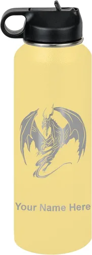 Miniatura 69 de LaserGram Botella de agua con tapa abatible de doble pared de 12 onzas con pajilla, dragón, grabado personalizado incluido (negro)