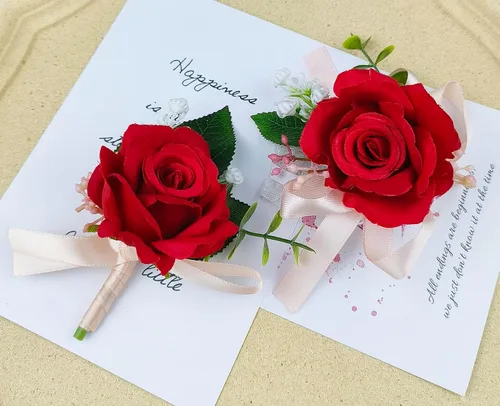 Miniatura 6 de MAFELOE Juego de ramillete de muñeca y boutonniere, accesorios de rosas artificiales para novio, novia, padrinos de boda, damas de honor, boda, Rojo