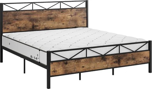 Miniatura 6 de GAOMON Base de cama tamaño Queen, marco de cama de plataforma de metal con cabecera y estribo de madera rústica vintage, sin ruido, fácil montaje