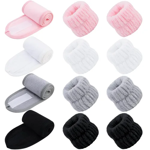 Miniatura 12 de Chanaco 12 piezas de bandas para la cabeza y toallas de muñeca de spa para lavado facial, juego de bandas para el maquillaje, bandas para el cuidado