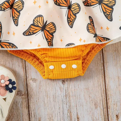 Miniatura 6 de Conjunto de 2 piezas de ropa de verano para bebé recién nacida, manga corta, estampado de mariposas, con tirantes acanalados, diadema