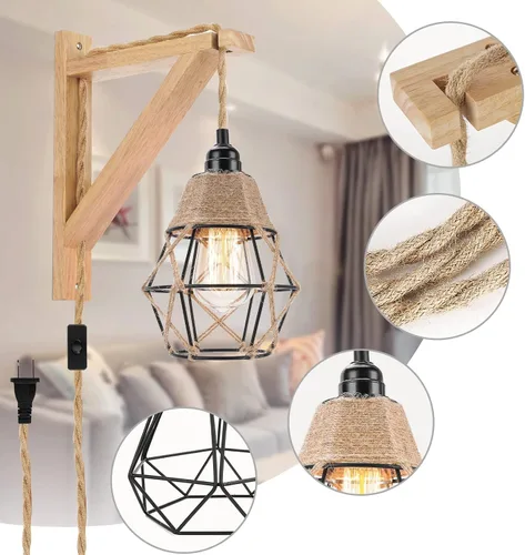 Miniatura 8 de Frideko - Juego de dos apliques de pared de madera enchufables, lámpara de pared rústica con cable de enchufe, accesorios de luz de pared