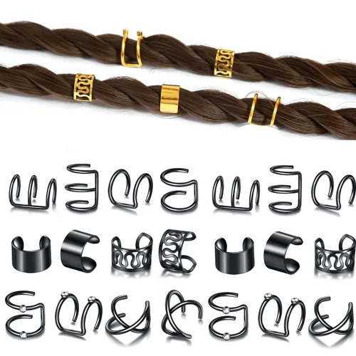 12 piezas de trenzas de pelo negro, rastas de metal con diamantes de imitación de cristal, clips de trenza no perforantes, para mujeres y hombres,