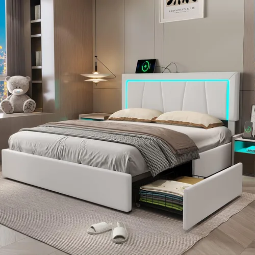 Miniatura 10 de Hasuit Base de cama California King con 4 cajones de almacenamiento debajo, plataforma tapizada tamaño Cal King con cabecera de cuero artificial