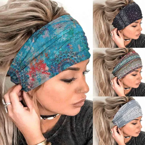 Miniatura 9 de Olbye Diademas bohemias anchas elásticas y antideslizantes para mujer y niña - para entrenamiento, yoga, correr, banda para el sudor, pañuelos