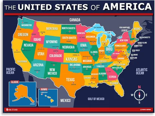 Miniatura 4 de Póster de mapa de Estados Unidos y del mundo 2 unidades para niños laminado azul (actualizado fijo V2.0) Young N Refined (18x24)