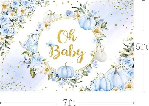 Miniatura 3 de MEHOFOND Fondo de otoño de 7 x 5 pies con diseño de calabaza Oh Baby en colores pastel, acuarela, azul, floral, recién nacido, baby shower