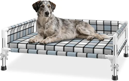 Miniatura 7 de Cama elevada elevada para perros al aire libre – Cuna fresca y lavable para perros con barandilla, cama de malla de algodón duradera y transpirable