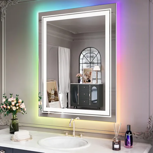 Miniatura 44 de Snowdool Espejo LED de baño, 32 x 32 pulgadas con luz frontal y retroiluminada, antivaho, espejo de tocador de baño para pared, función de memoria
