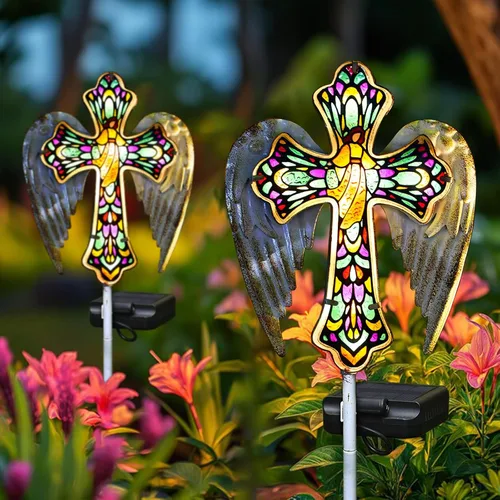 Miniatura 7 de YJFWAL Luz Solar de Estaca de Jardín con Cruz de Cristal, Decoraciones de Cementerio para Luces Exteriores de Tumba, Regalos Conmemorativos