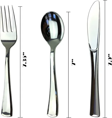 Miniatura 6 de Juego de cubiertos de plástico plateado de 300 piezas, cubiertos de plástico reciclable reutilizable, utensilio de plástico plateado, 100 tenedores