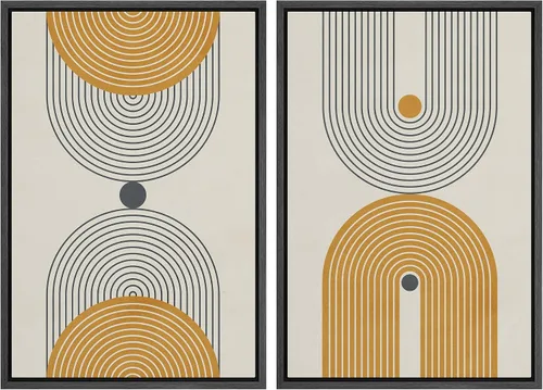 Miniatura 26 de IDEA4WALL Lienzo enmarcado para pared, juego de arte Bauhaus dorado de mediados de siglo, patrón de cuadrícula moderna, ilustraciones con formas