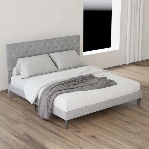 Miniatura 3 de Base de cama tapizada de tamaño matrimonial con cabecera de botón ajustable, base de colchón con soporte de listones de madera, no necesita somier