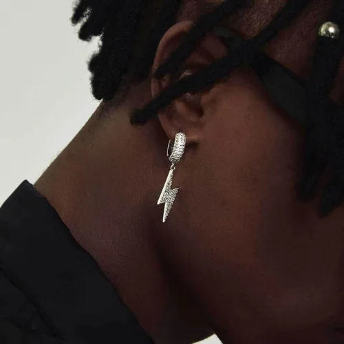 Miniatura 5 de Shcyee Aretes de relámpagos helados a la moda, hip hop, aretes de aro grueso con circonita cúbica para mujeres y hombres, regalo de joyería unisex