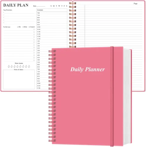 Agenda diaria sin fecha, cuaderno A4 de lista de tareas por hora, planificador de citas en espiral para mujeres y hombres, tapa dura de PVC, Rosa