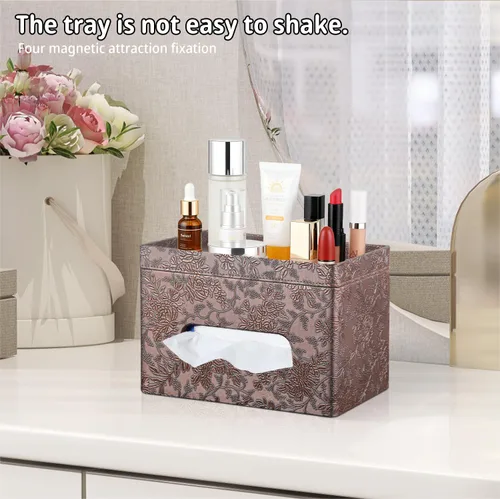 Miniatura 7 de YAPISHI Caja de pañuelos grande rectangular con almacenamiento de bandeja, soporte de pañuelos faciales de piel sintética, se adapta a 230