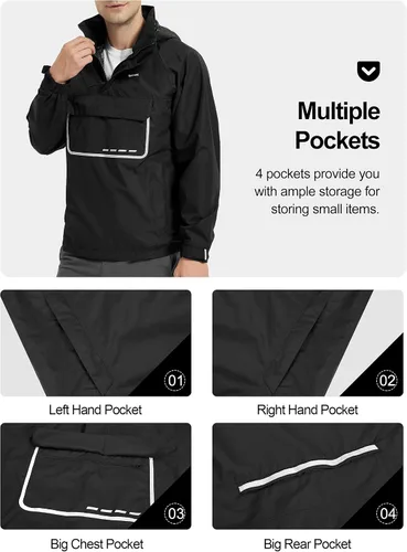 Miniatura 4 de KUTOOK Chaqueta impermeable para hombre con capucha reflectante, rompevientos, ligera, transpirable, con bolsillos