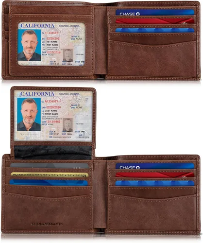 Miniatura 27 de SERMAN BRANDS Billetera de piel con 2 ventanas de identificación para hombre, con bloqueo RFID, doble tapa superior, billetera de viaje de capacidad