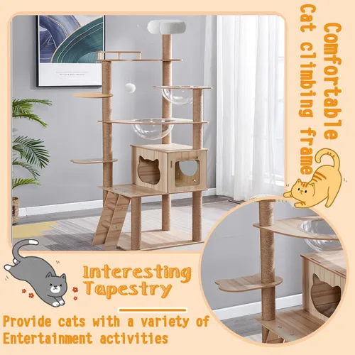 Miniatura 6 de Árbol de gato de 67 pulgadas para gatos de interior y adultos, torre de árbol para gatos con condominio, escaleras para gatos, 2 cuencos, 14 postes