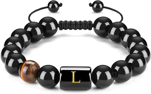 Brazalete hecho a mano con letra inicial del nombre, las cuentas son de ónix negro u ojo de tigre, la cuerda es trenzada, un brazalete lleno de