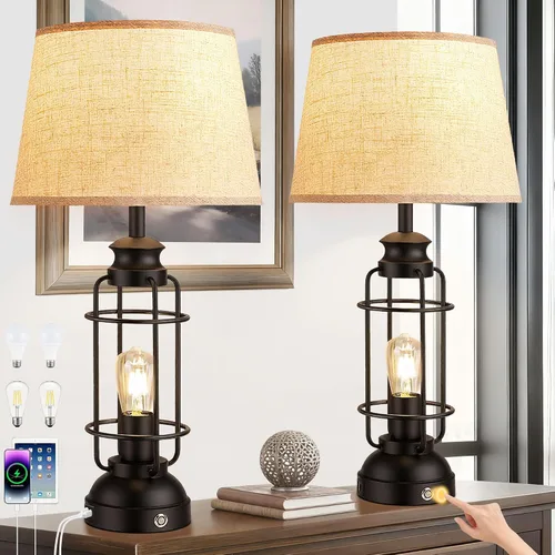 Miniatura 11 de Juego de 2 lámparas de mesa de 28" para sala de estar, lámparas táctiles regulables de 3 vías con puertos USB A+C, lámparas de mesa estilo granja