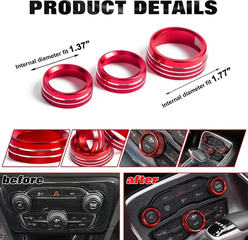 Miniatura 2 de x xotic tech 3 piezas de aluminio rojo CA interruptor de volumen botón de control de botón de control de anillo cubierta compatible con Dodge
