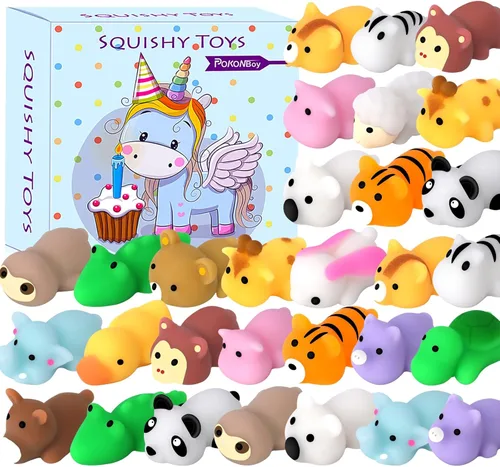 POKONBOY - 30 piezas de juguetes blandos Mochi, Mini Kawaii, juguetes que se aprietan para aliviar el estrés, animales del bosque, ideales para
