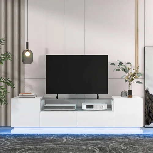 Miniatura 16 de Soporte de TV versátil de alto brillo con luces LED que cambian de color y 2 estantes de vidrio templado, centro de entretenimiento para televisores