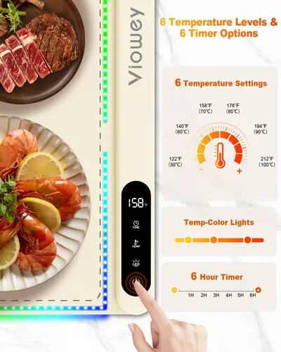 Miniatura 2 de Tapete de calentamiento de alimentos con luz, bandeja de calentamiento eléctrica con 6 ajustes de temperatura y temporizador de 6 horas, película