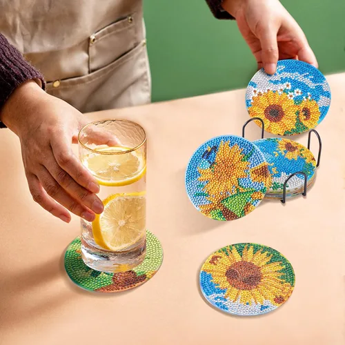 Miniatura 5 de Cheriswelry 8 posavasos de girasol para bricolaje, diseño de flores, diamantes con soporte 5D, kit de alfombrilla de pintura de diamantes