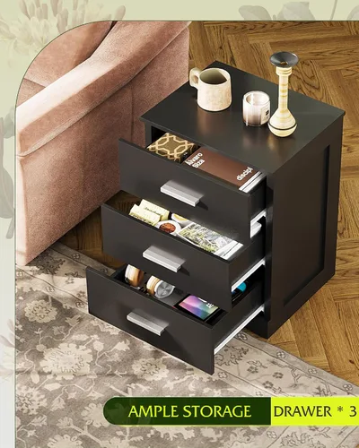 Miniatura 4 de WLIVE Black Night Stand with 3 Drawers, Small Wooden Nightstand, Bed Side Table for Bedroom, Living Room, Dorm, Modern Minimalist Bedside Table
