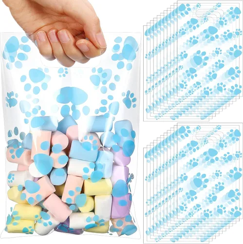 Miniatura 18 de Pasimy 100 bolsas de regalo de pata de perro a granel, diseño de pata de mascota, bolsas de plástico con asa para decoración de fiesta de cumpleaños