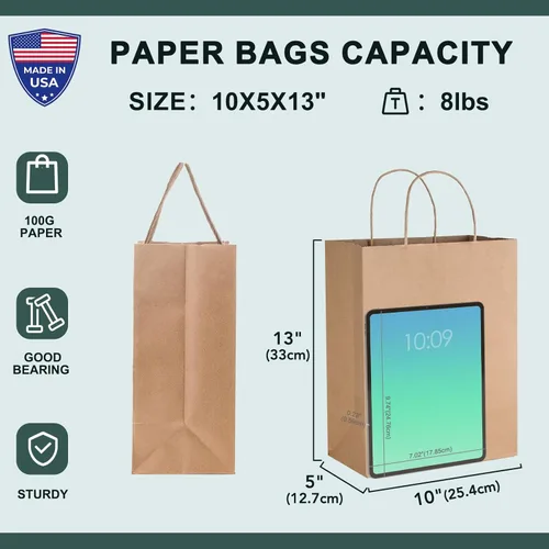 Miniatura 3 de METRONIC Bolsas de papel marrón de 10 x 5 x 13 pulgadas, 50 unidades, bolsas de regalo de papel kraft de tamaño mediano con asas, bolsa de papel