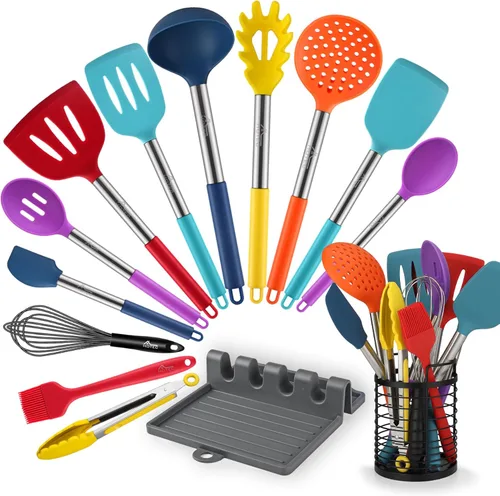 Miniatura 8 de HOTEC Utensilios de cocina de silicona resistentes al calor de 446 °F, juego de utensilios de cocina, juego de espátula, sin BPA, utensilios de Caqui