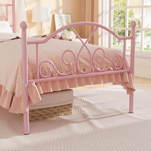 Miniatura 6 de Weehom Marco de cama individual, marcos de cama de metal modernos de tamaño individual para niños y niñas, no necesita somier, base de cama Rosa