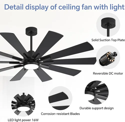 Miniatura 5 de Ventiladores de techo modernos con luces, ventilador de techo negro grande de 62 pulgadas con luz y control remoto, puerta/uso al aire libre