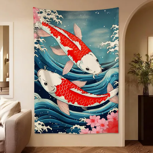 Miniatura 11 de QEOPGNE Tapiz de pared grande con diseño de pez Koi, grandes olas japonesas, flores de cerezo, banderas retro para habitación, sala de estar