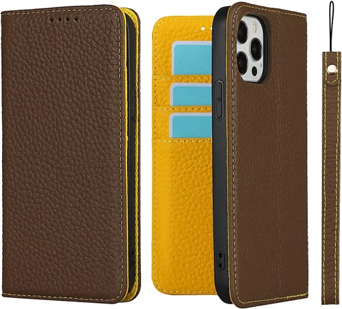 Miniatura 26 de iCoverCase Compatible con iPhone 13 Pro Max, funda magnética de piel auténtica con bloqueo RFID, correa para la muñeca y ranuras para tarjetas, Rojo