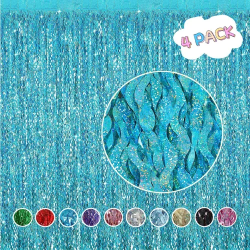Miniatura 2 de Paquete de 4 cortinas onduladas de flecos de papel de aluminio verde azulado aguamarina para decoración de fiesta, 3.3 pies x 6.6 pies, cortina