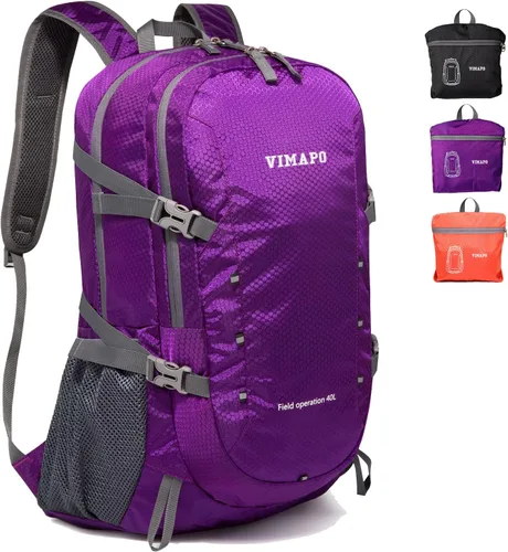 Mochila ligera plegable de 40 litros, mochila de viaje plegable de nailon Ripstop, mochila de senderismo plegable para exteriores (morado)