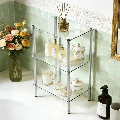 Miniatura 4 de HOOBRO Estante de cristal, unidad de estante de pie de baño de 3 niveles, estante de vidrio templado para espacio pequeño, organizador de soporte