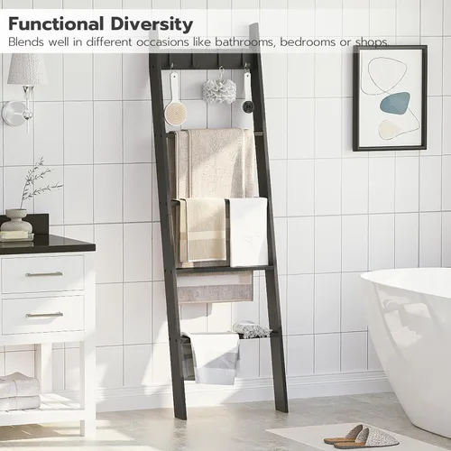 Miniatura 3 de HOOBRO Escalera para Mantas para Sala de Estar y Dormitorio, Toallero Inclinado contra la Pared de 5 Niveles para Baño, Estante de Escalera