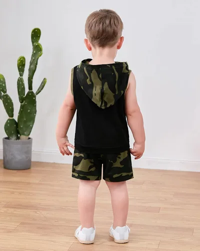 Miniatura 5 de SANMIO Conjunto de ropa de verano con capucha y pantalones cortos sin mangas con bolsillos, conjunto de ropa de 2 piezas para niño pequeño